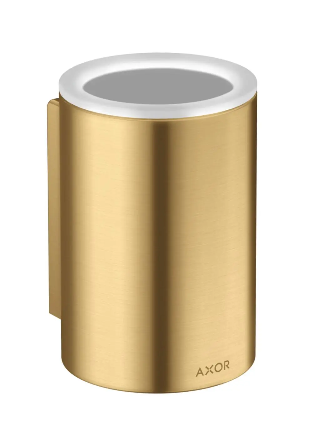 Zahnputzbecher aus goldfarbenem Metall mit glatter Oberfläche und weißem Rand, an der Seite mit einer Halterung, Marke AXOR.